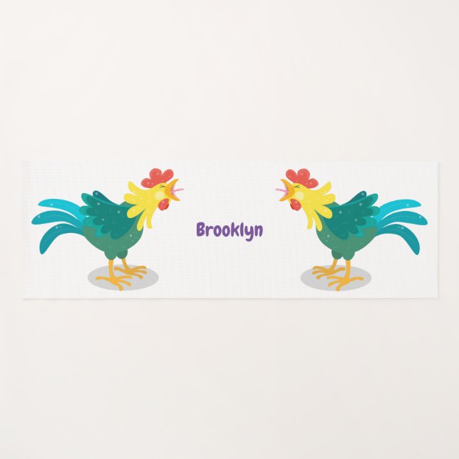 Cute funny crowing rooster cartoon illustration yoga mat (Front (Horizontal))