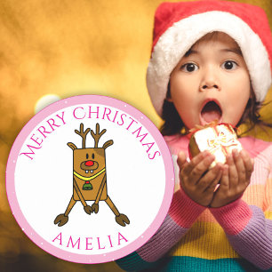 Cute Funny Deer Christmas Kid`s Name Gift Tag