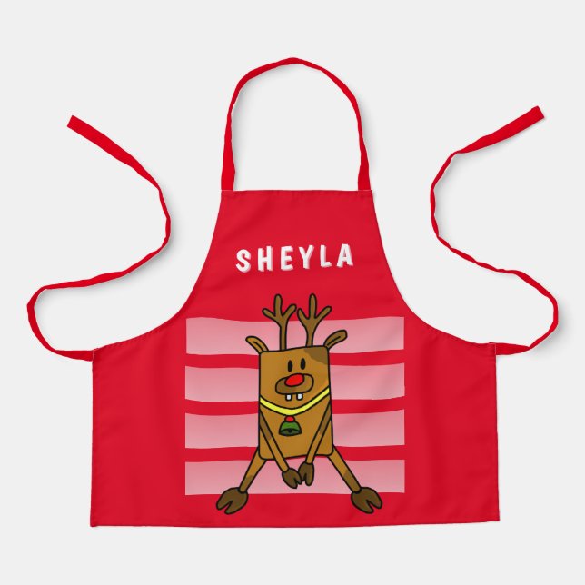 Cute Funny Deer Drawing Red Christmas Name Kids Apron (Front)