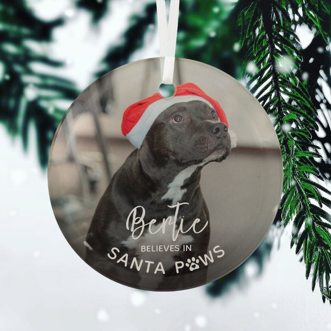 Cute Funny Dog Photo 'Believe in Santa Paws' Glass Ornament (Creator Uploaded)