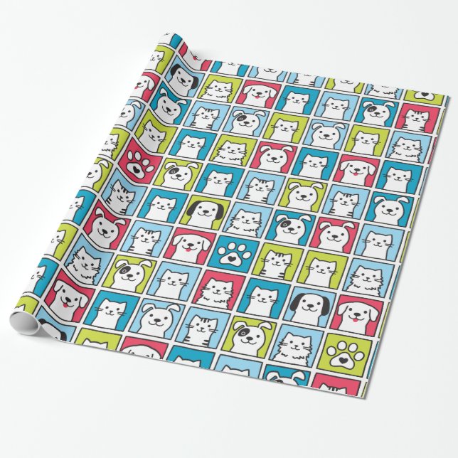 Cute, funny dogs & cats pattern wrapping paper (Unrolled)