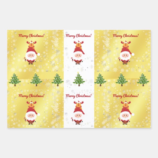 Cute Funny Elegant Rudolph Santa Christmas Trees Wrapping Paper Sheet (Front)