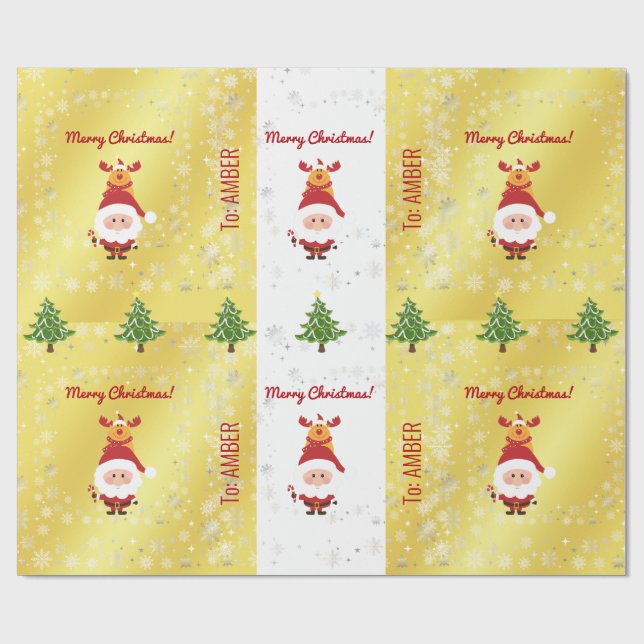 Cute Funny Elegant Rudolph Santa Personalized Xmas Wrapping Paper (Flat)