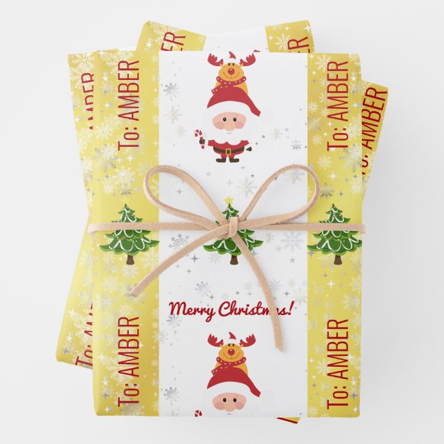 Cute Funny Elegant Rudolph Santa Personalized Xmas Wrapping Paper Sheet (In situ)