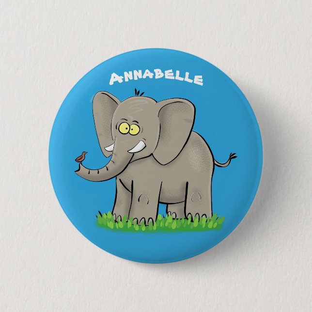 Cute funny elephant with bird on trunk cartoon 2 inch round button (Front)