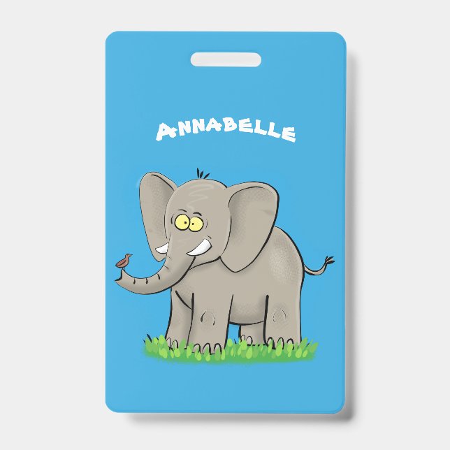 Cute funny elephant with bird on trunk cartoon badge (Front)