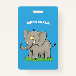 Cute funny elephant with bird on trunk cartoon badge