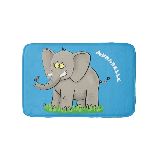 Cute funny elephant with bird on trunk cartoon bath mat (Front)