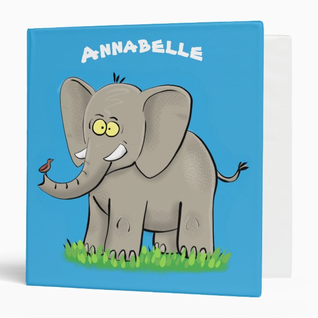 Cute funny elephant with bird on trunk cartoon binder (Front/Inside)