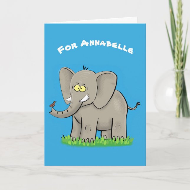 Cute funny elephant with bird on trunk cartoon card (Front)