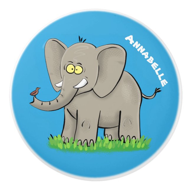 Cute funny elephant with bird on trunk cartoon ceramic knob (Front)