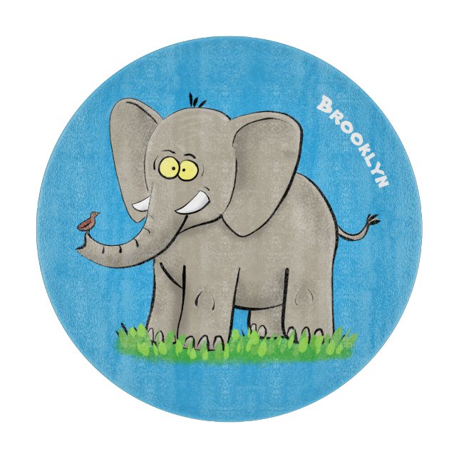 Cute funny elephant with bird on trunk cartoon  cutting board (Front)