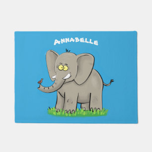 Cute funny elephant with bird on trunk cartoon doormat
