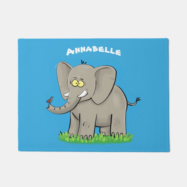 Cute funny elephant with bird on trunk cartoon doormat (Front)