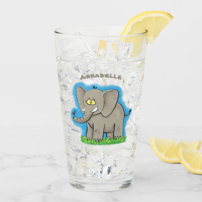 Cute funny elephant with bird on trunk cartoon glass (Back Ice)