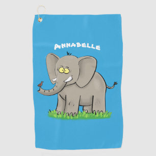 Cute funny elephant with bird on trunk cartoon  golf towel