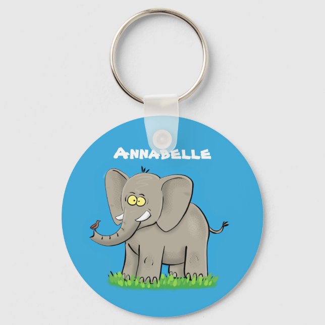 Cute funny elephant with bird on trunk cartoon keychain (Front)