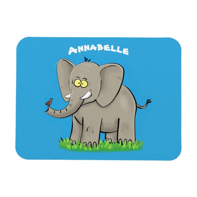 Cute funny elephant with bird on trunk cartoon magnet (Horizontal)