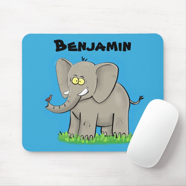 Cute funny elephant with bird on trunk cartoon mouse pad (With Mouse)