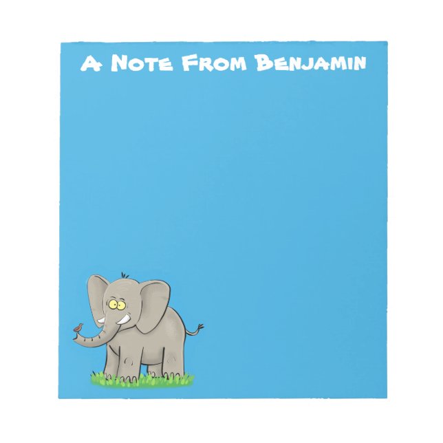 Cute funny elephant with bird on trunk cartoon notepad (Front)