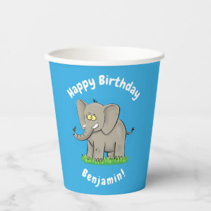 Cute funny elephant with bird on trunk cartoon paper cups