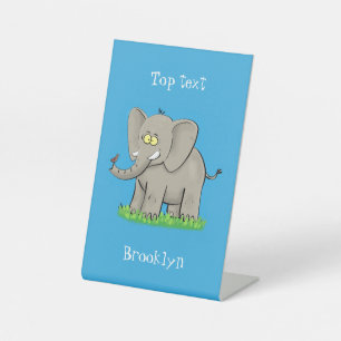 Cute funny elephant with bird on trunk cartoon pedestal sign