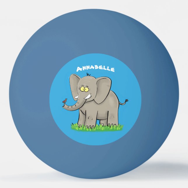 Cute funny elephant with bird on trunk cartoon ping pong ball (Front)