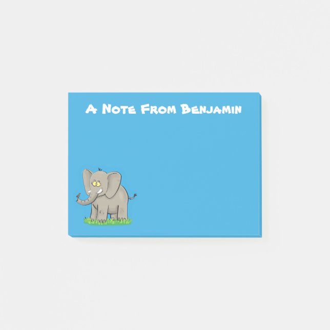 Cute funny elephant with bird on trunk cartoon post-it notes (Front)