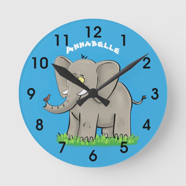 Cute funny elephant with bird on trunk cartoon round clock (Front)