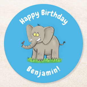 Cute funny elephant with bird on trunk cartoon round paper coaster