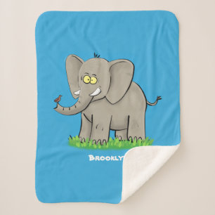 Cute funny elephant with bird on trunk cartoon sherpa blanket