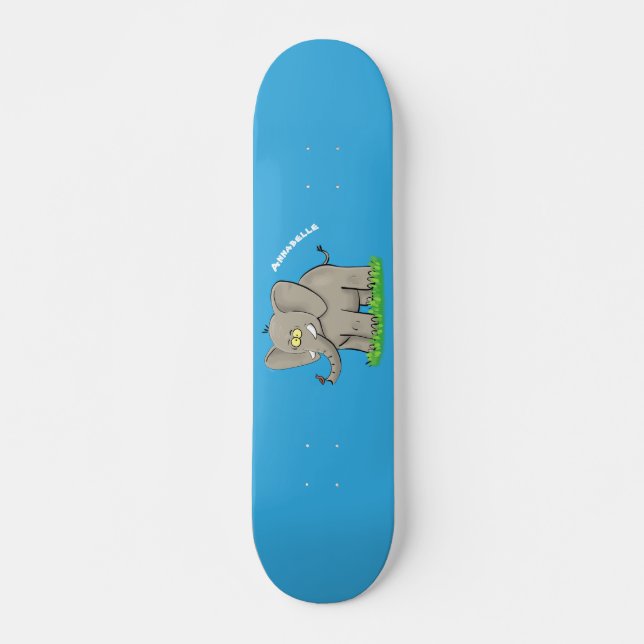 Cute funny elephant with bird on trunk cartoon skateboard (Front)