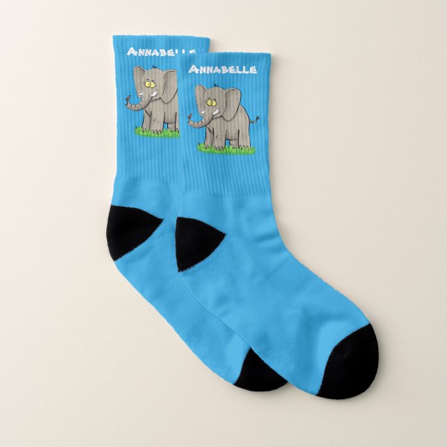 Cute funny elephant with bird on trunk cartoon socks (Pair)
