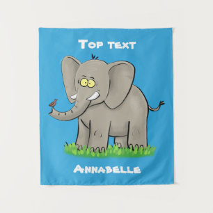 Cute funny elephant with bird on trunk cartoon tapestry