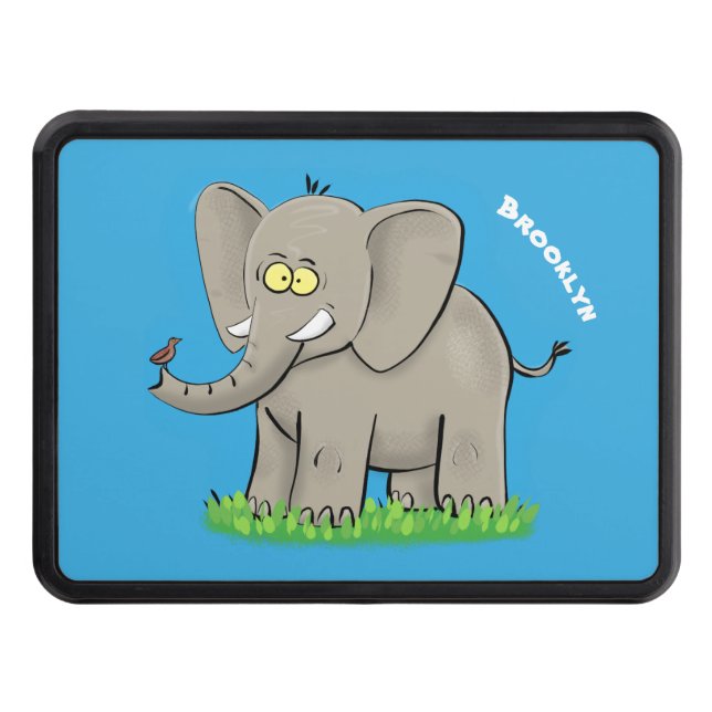 Cute funny elephant with bird on trunk cartoon trailer hitch cover (Front)