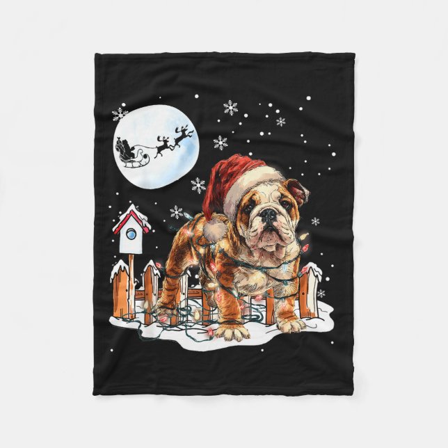 Cute Funny English Bulldog Christmas Lights Santa  Fleece Blanket (Front)