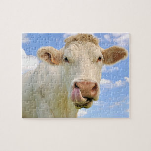 Cute Funny Farm Charolais Cow Licking Nose Jigsaw Puzzle