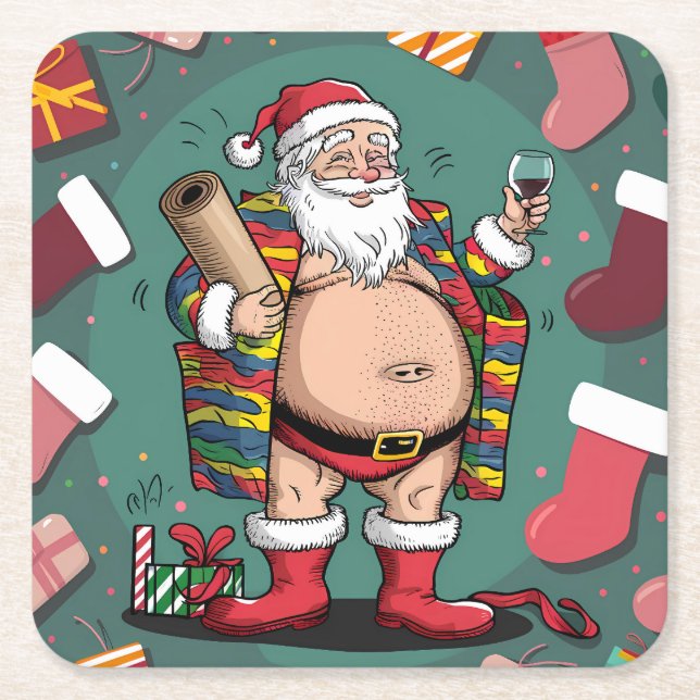 Cute funny father christmas square paper coaster (Front)