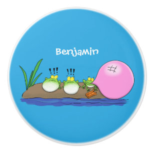 Cute funny frogs bubblegum cartoon illustration ceramic knob