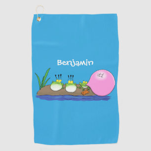 Cute funny frogs bubblegum cartoon illustration golf towel