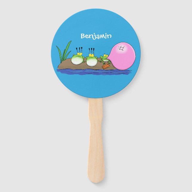 Cute funny frogs bubblegum cartoon illustration hand fan (Front)