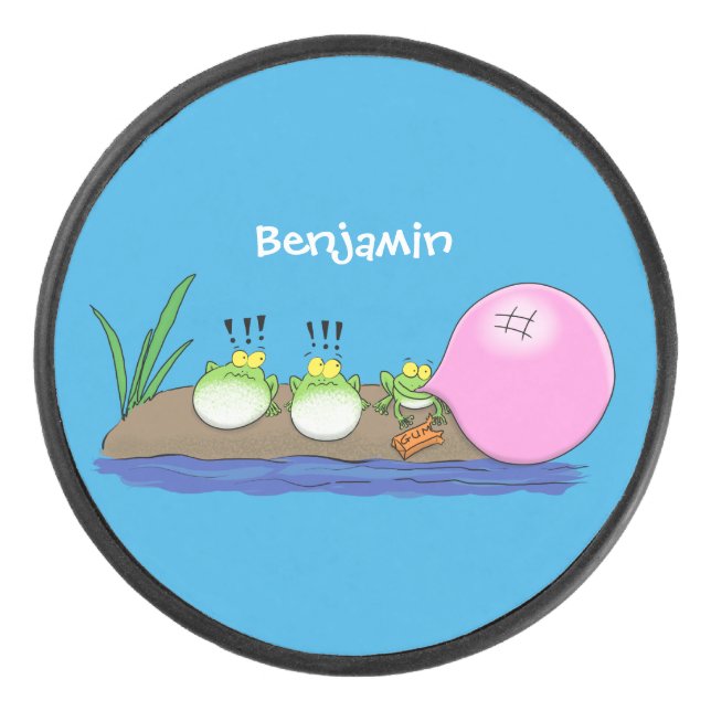 Cute funny frogs bubblegum cartoon illustration hockey puck (Front)