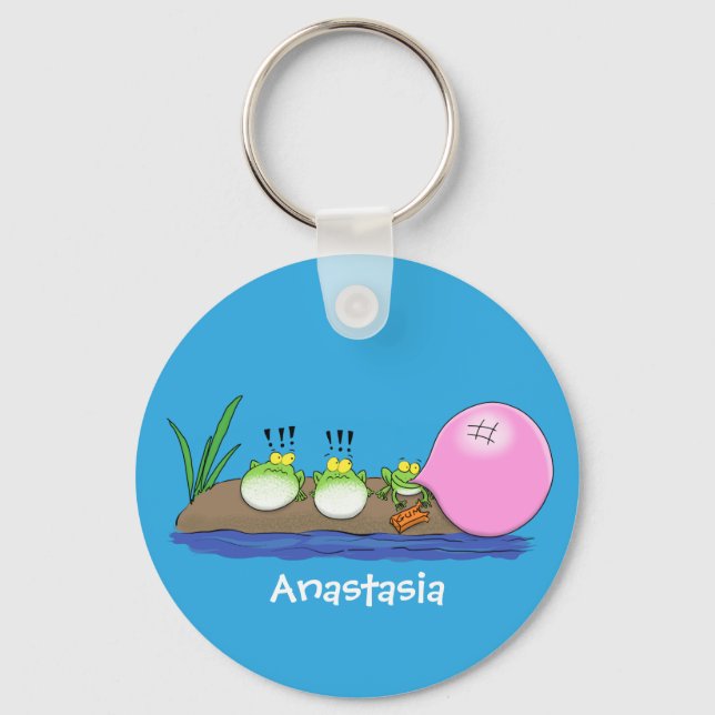 Cute funny frogs bubblegum cartoon illustration keychain (Front)