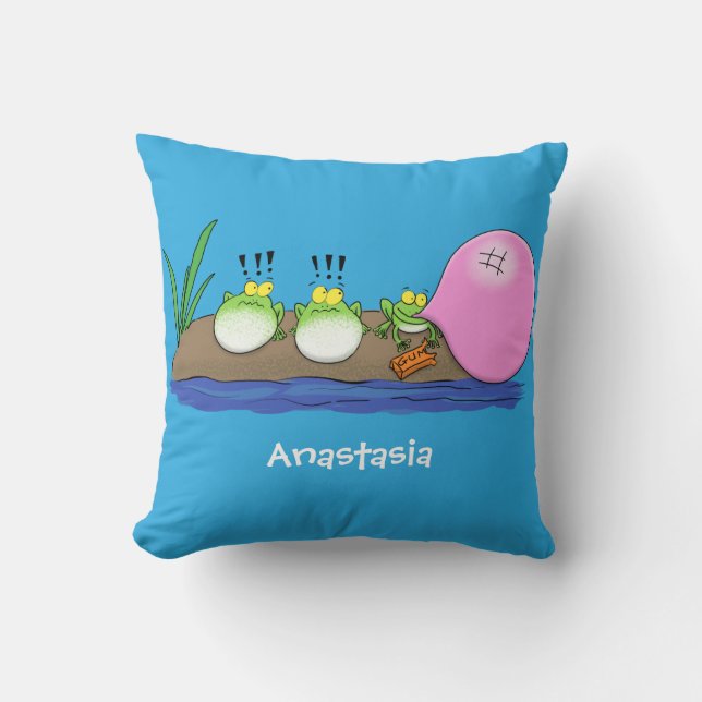 Cute funny frogs bubblegum cartoon illustration throw pillow (Front)