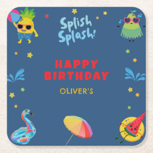 Cute Funny Fruits Summer Pool Birthday Party Square Paper Coaster