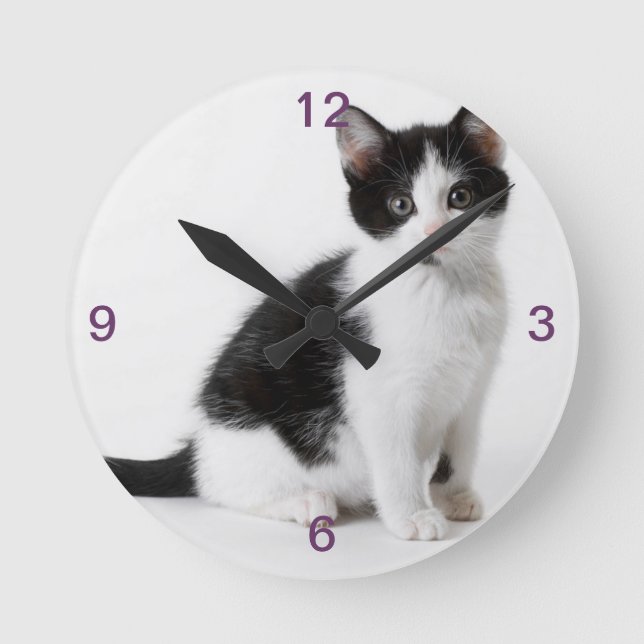 Cute Funny furry kitten black and white cat Round Clock (Front)