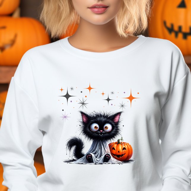 Cute Funny Ghost Black Retro Kitten Halloween  Sweatshirt (Creator Uploaded)