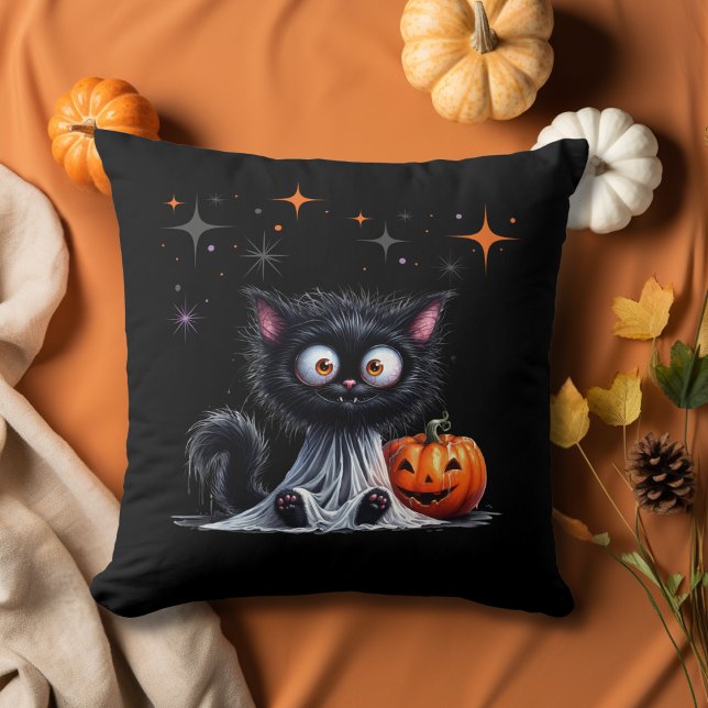 Cute Funny Ghost Kitten Halloween Trick or Treat Throw Pillow (Creator Uploaded)