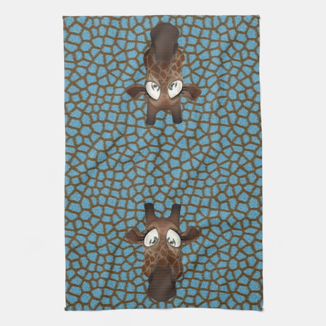 Cute Funny Giraffes Blue Animal Fur Pattern Kitchen Towel (Vertical)