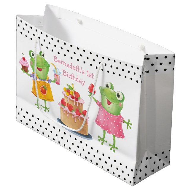 Cute Funny Girl Frogs Birthday Party Large Gift Ba Bag (Front Angled)